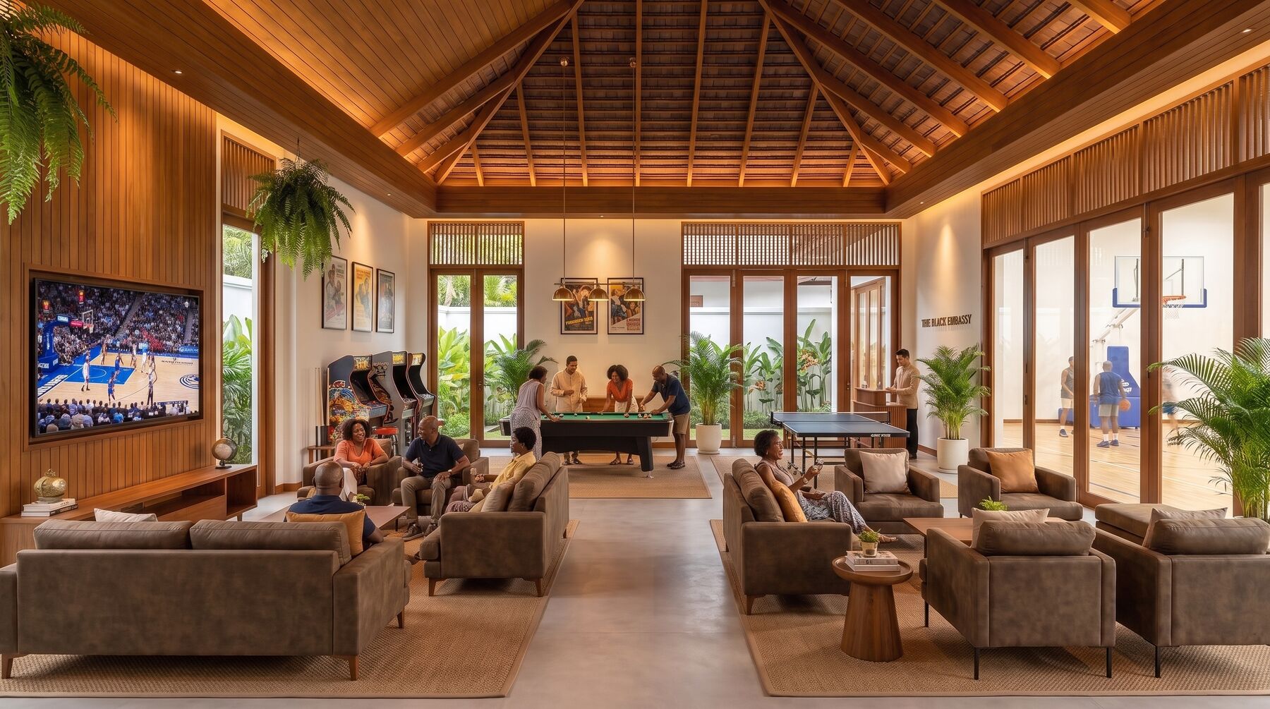 Concept rendering of the main lounge: deep sofas, a large screen, game tables, and garden light through tall glass.
