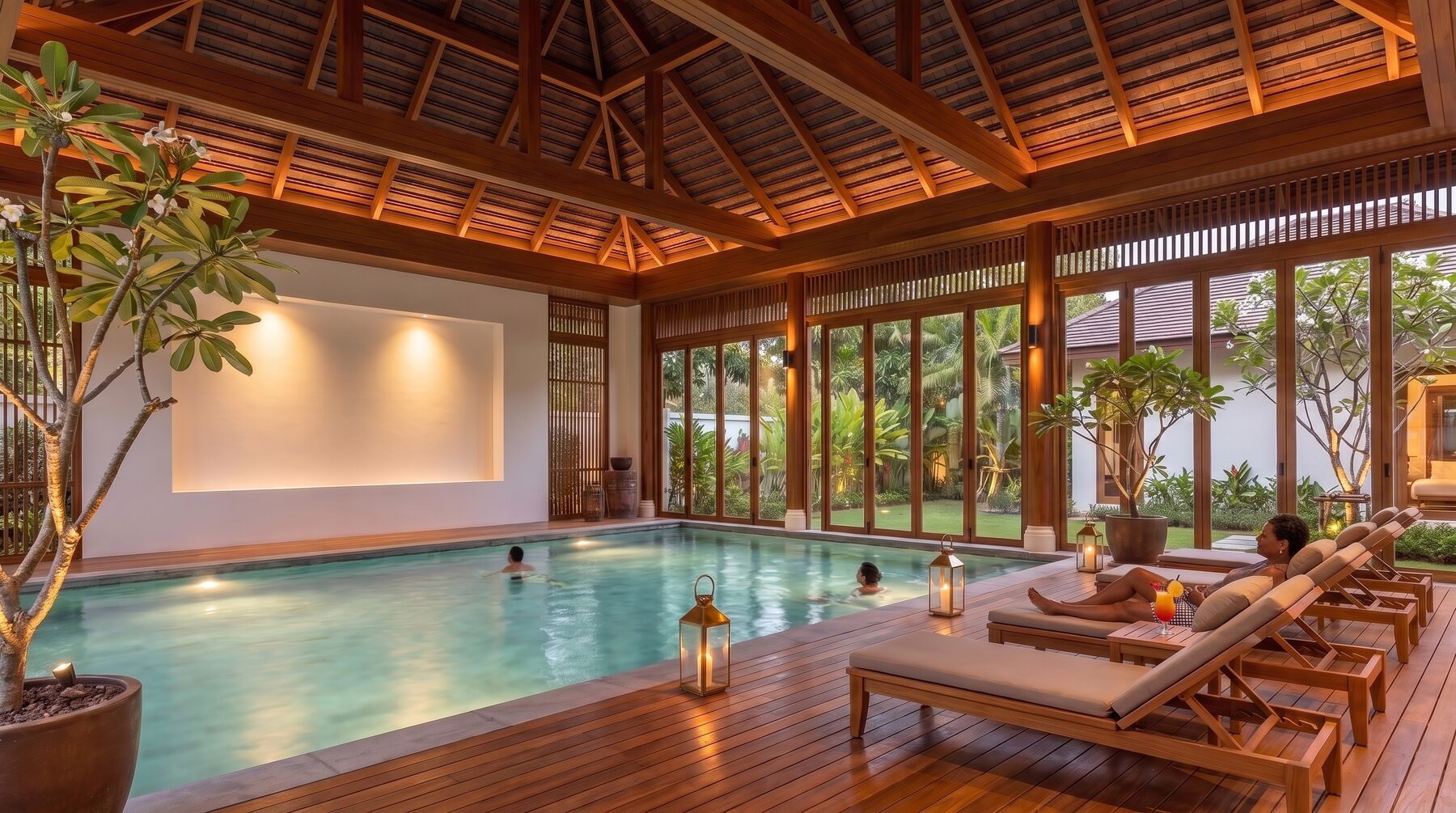 Concept rendering of the indoor pool: a glass-walled, timber-roofed pool hall with loungers, lanterns, and garden views.