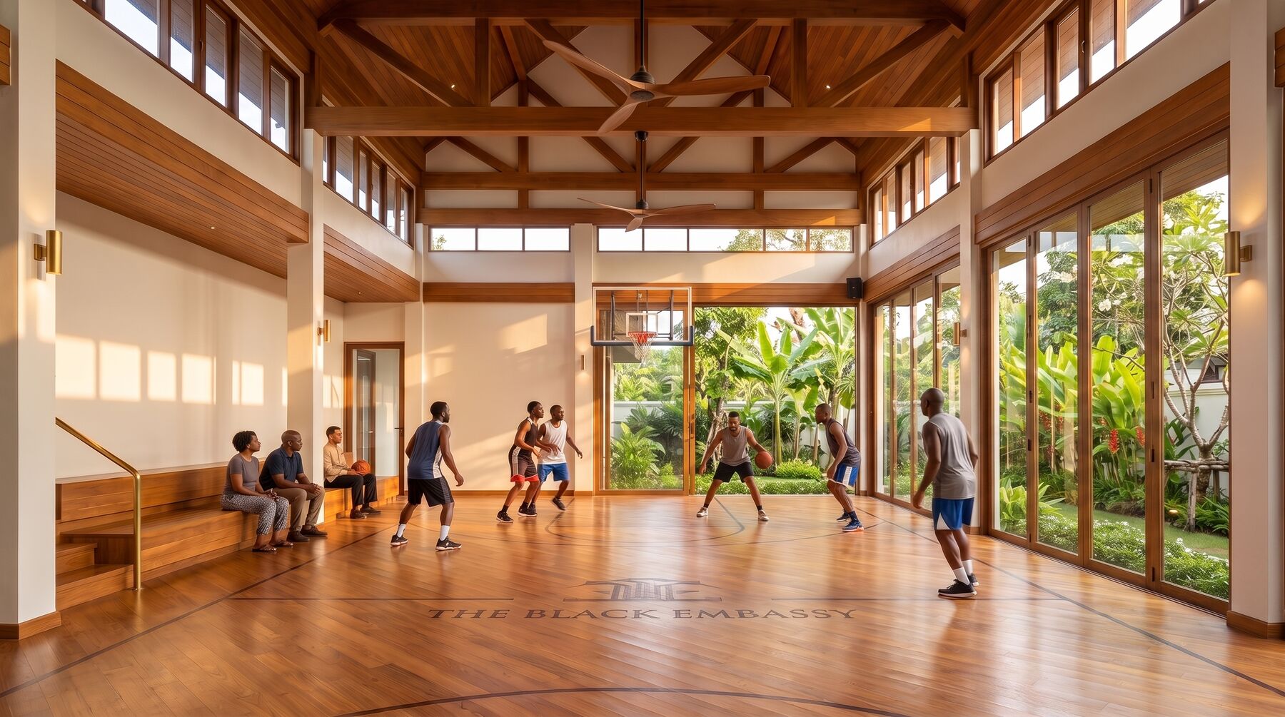 Concept rendering of the enclosed basketball court under a timber roof, with a game in progress and bench seating.