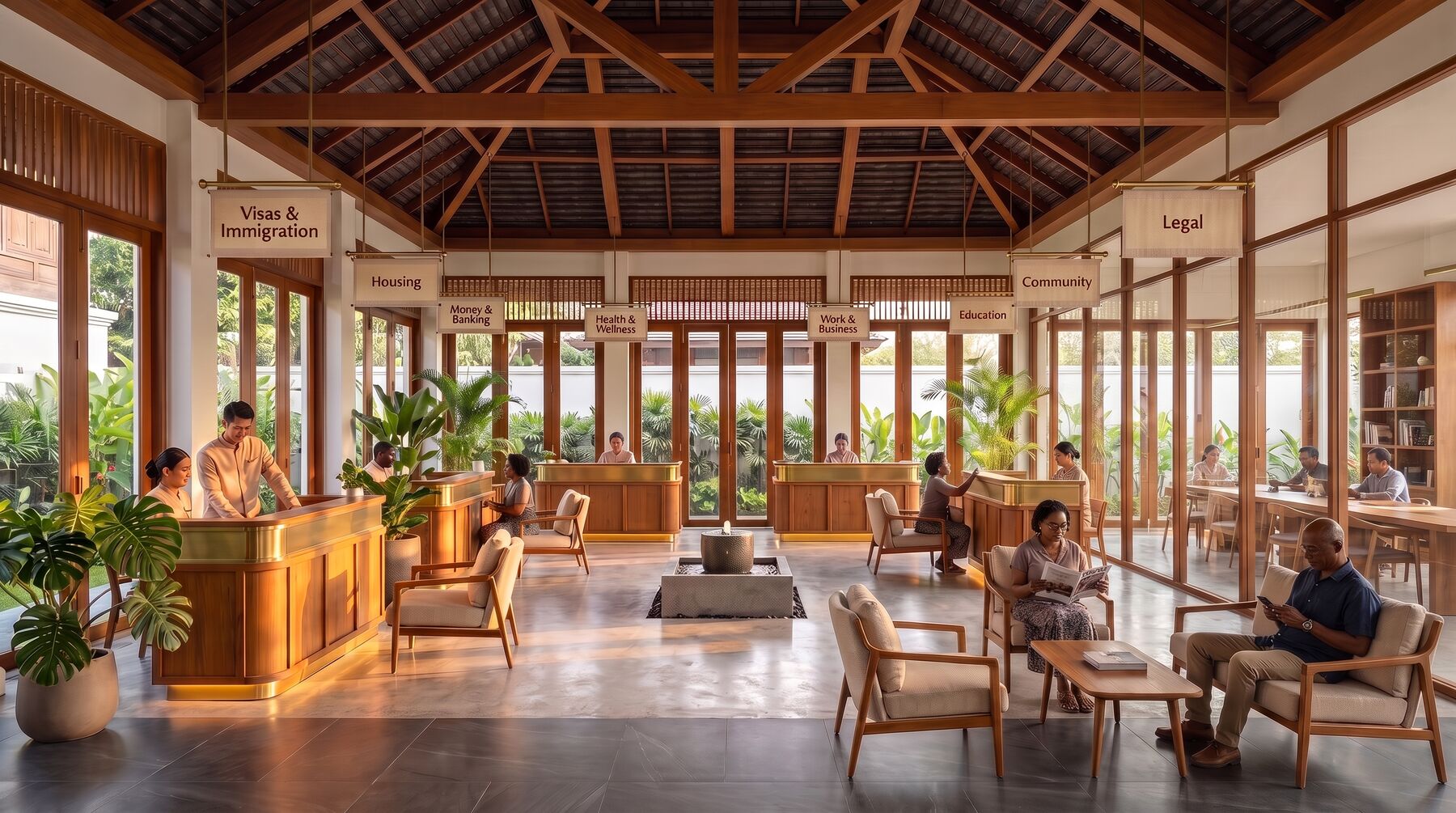 Concept rendering of the resource center: teak service desks under a high timber ceiling, staff helping visitors, signs for visas and immigration and legal help.