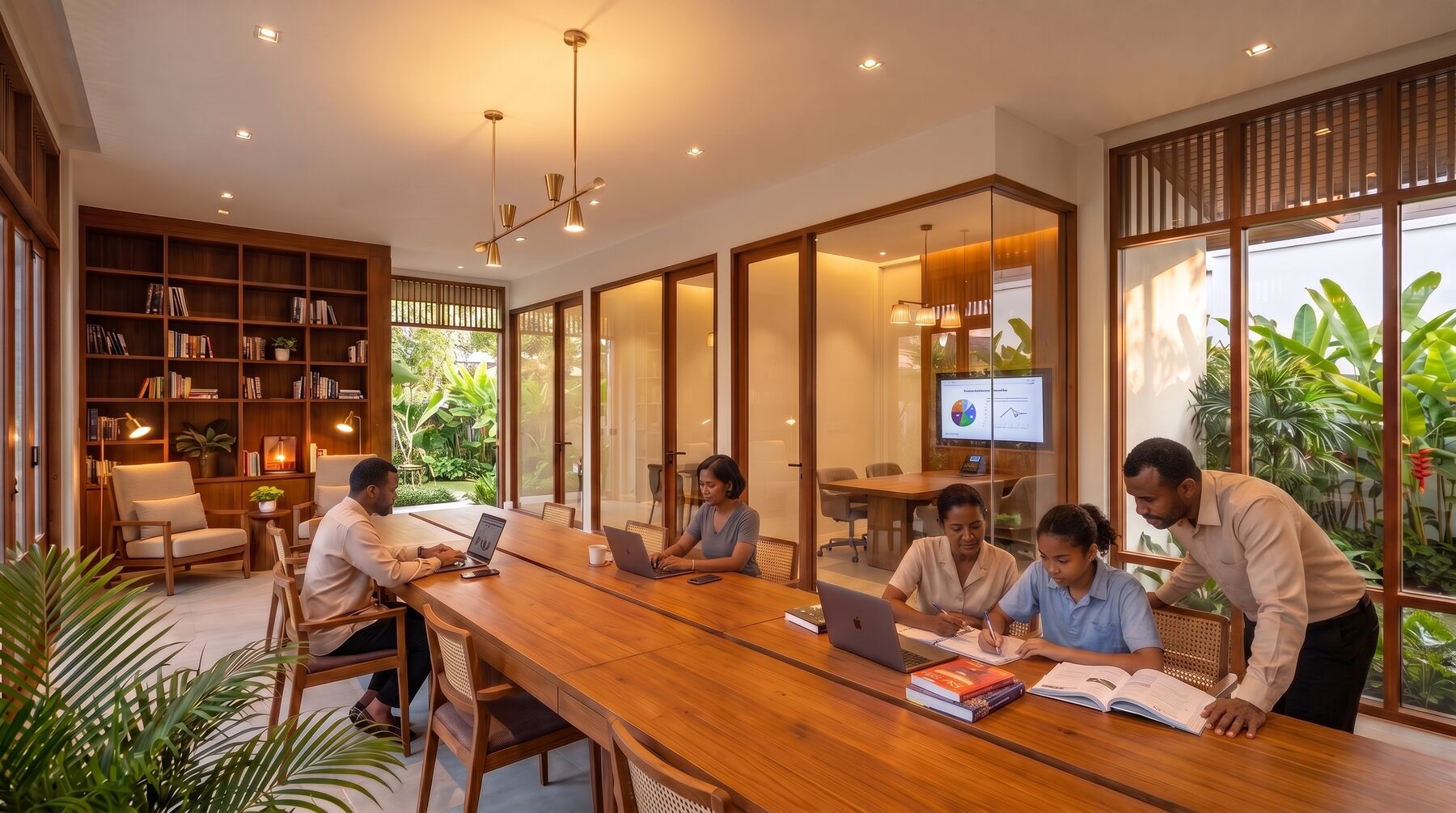 Concept rendering of the co-working room and library: a long shared table, bookshelves, people working on laptops.