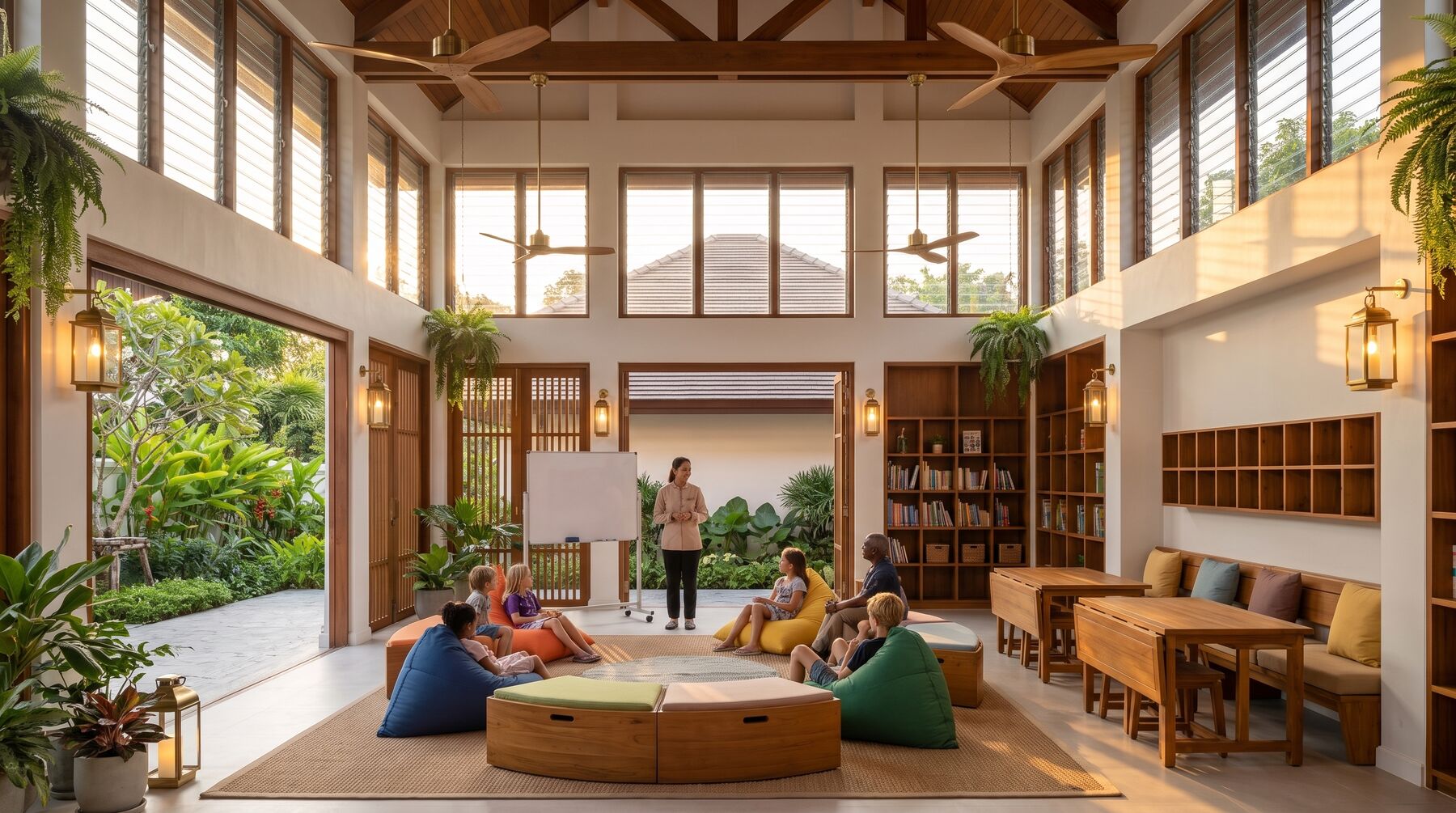 Concept rendering of the multipurpose room: an open-sided classroom with bean bags and a teacher at a whiteboard, garden beyond.