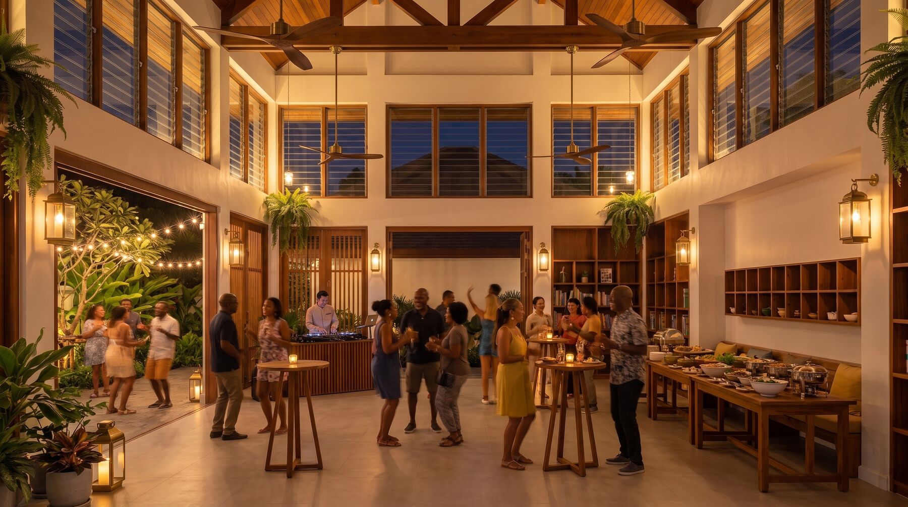Concept rendering of a community night: people gathered in the open-sided multipurpose room under string lights.