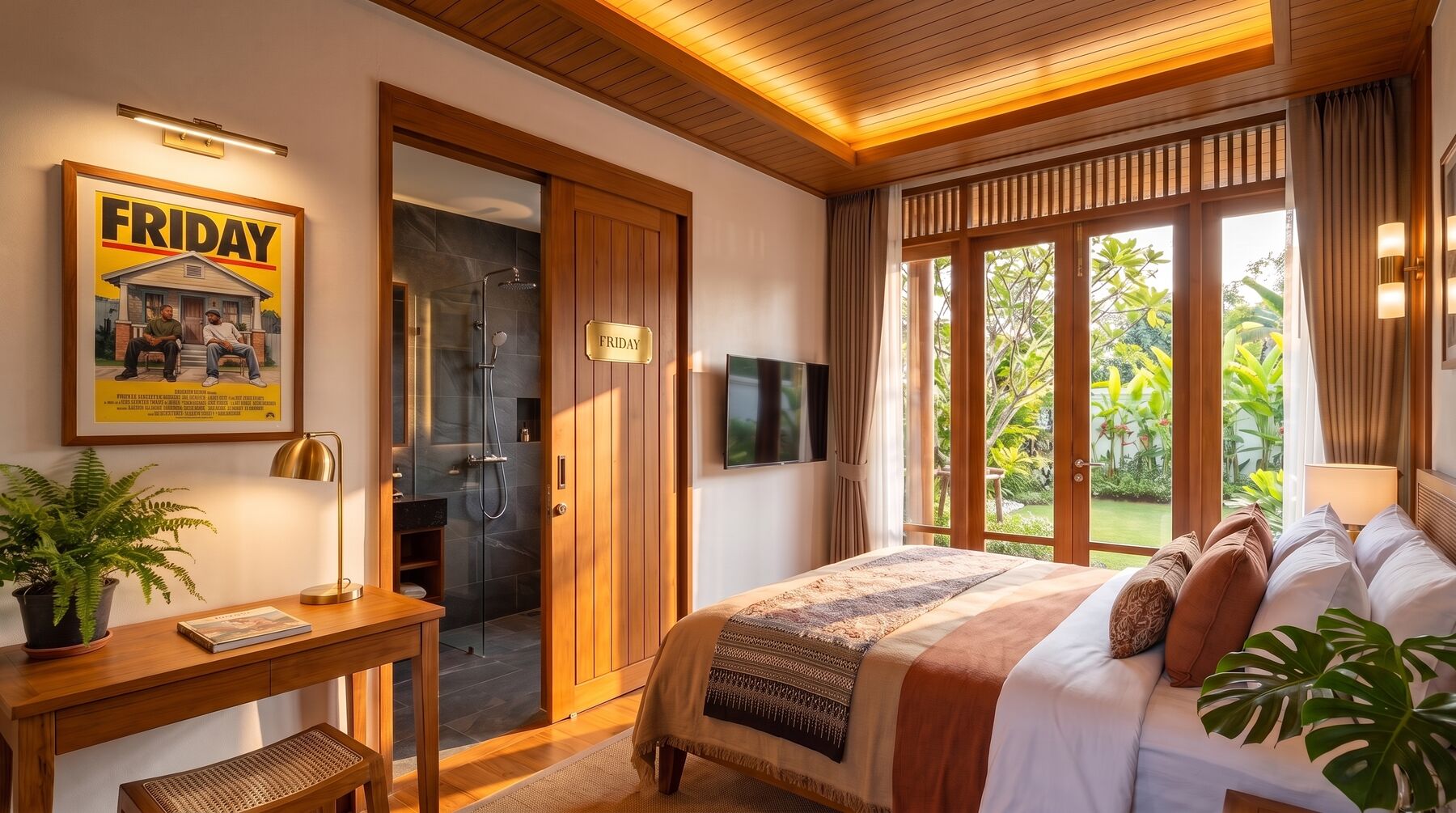 Concept rendering of a guest room named Friday: teak joinery, a framed film poster, a bed facing garden doors.