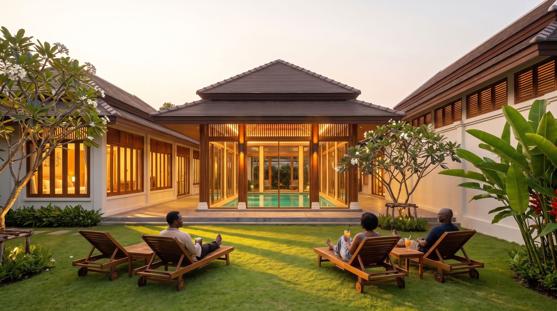 Concept rendering of the garden at dusk: people on loungers on the lawn, the lit pavilion behind.