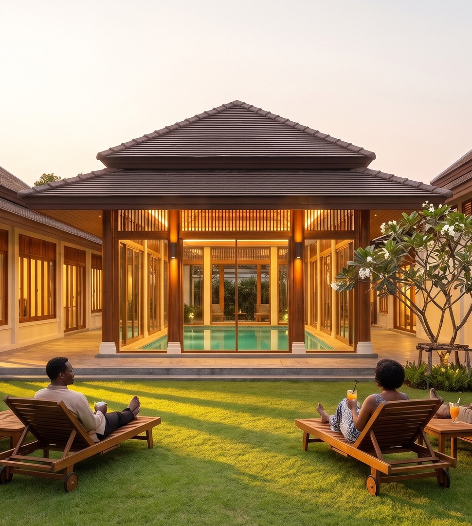 Concept rendering of the garden at dusk: two people on loungers on the lawn, the lit pool pavilion behind.