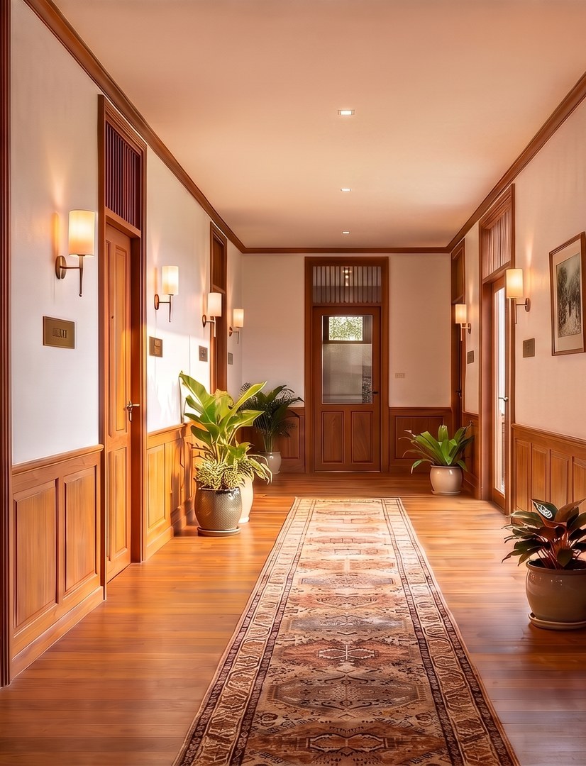 Concept rendering of the guest hallway: teak doors with film-title plaques, wall sconces, a runner on the floor.
